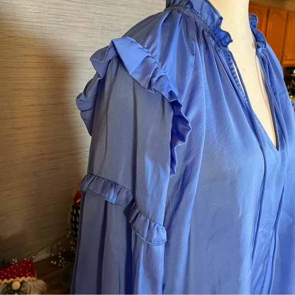 MANGO Blue Solid Tie-Up Neck Ruffles Detail Satin Blouson Top Women’s Size 10 - Picture 5 of 11
